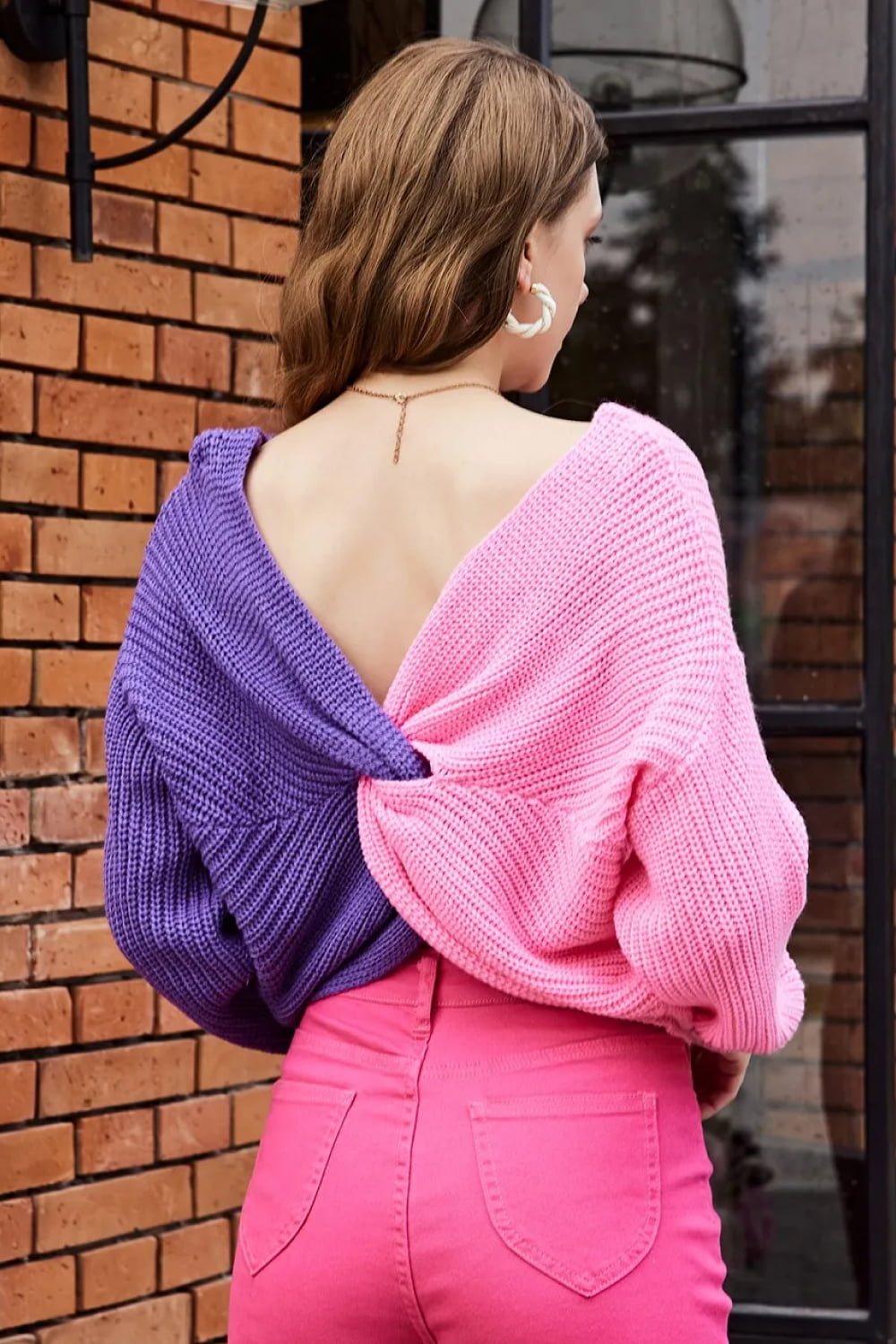 Double Take Two-Tone V-Neck Twisted Sweater  - Doll Fits