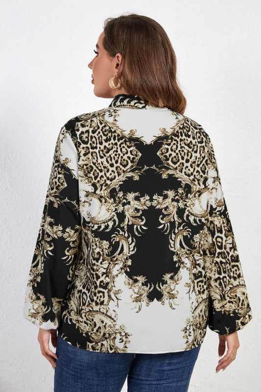 Melo Apparel Plus Size Printed Tie Neck Long Sleeve Blouse  - Doll Fits