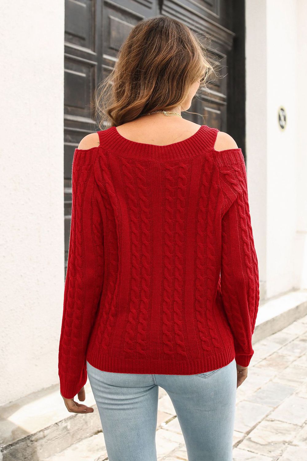 Cold Shoulder V-Neck Cable-Knit Pullover Sweater  Shirts & Tops- Doll Fits