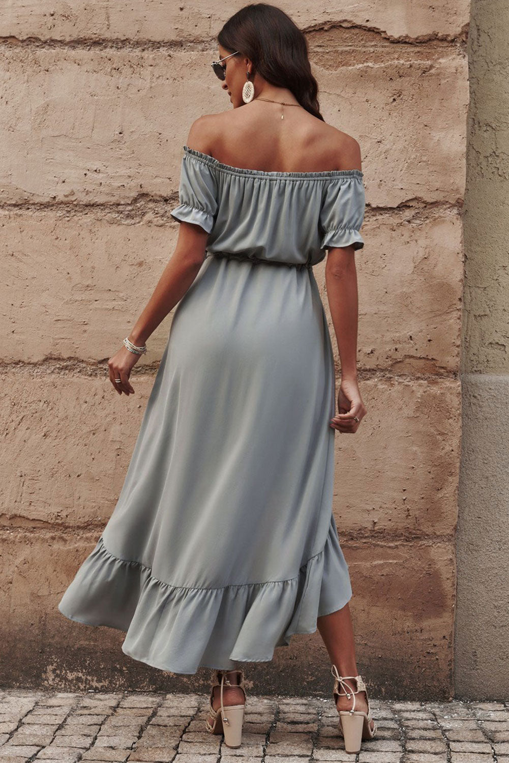 Off-Shoulder Drawstring Waist Ruffled High-Low Dress  Dresses- Doll Fits