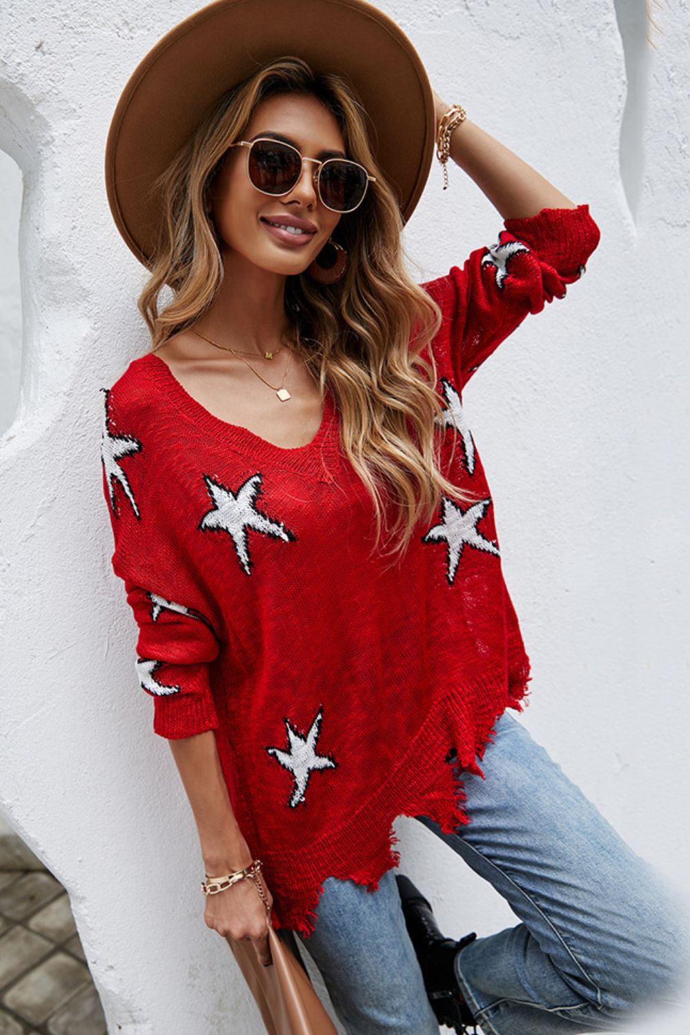 Star Pattern Distressed Sweater  Shirts & Tops- Doll Fits