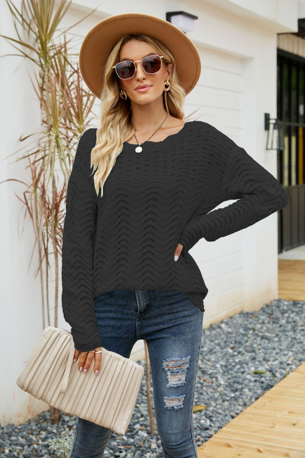 Scalloped Boat Neck Openwork Tunic Sweater  Shirts & Tops- Doll Fits