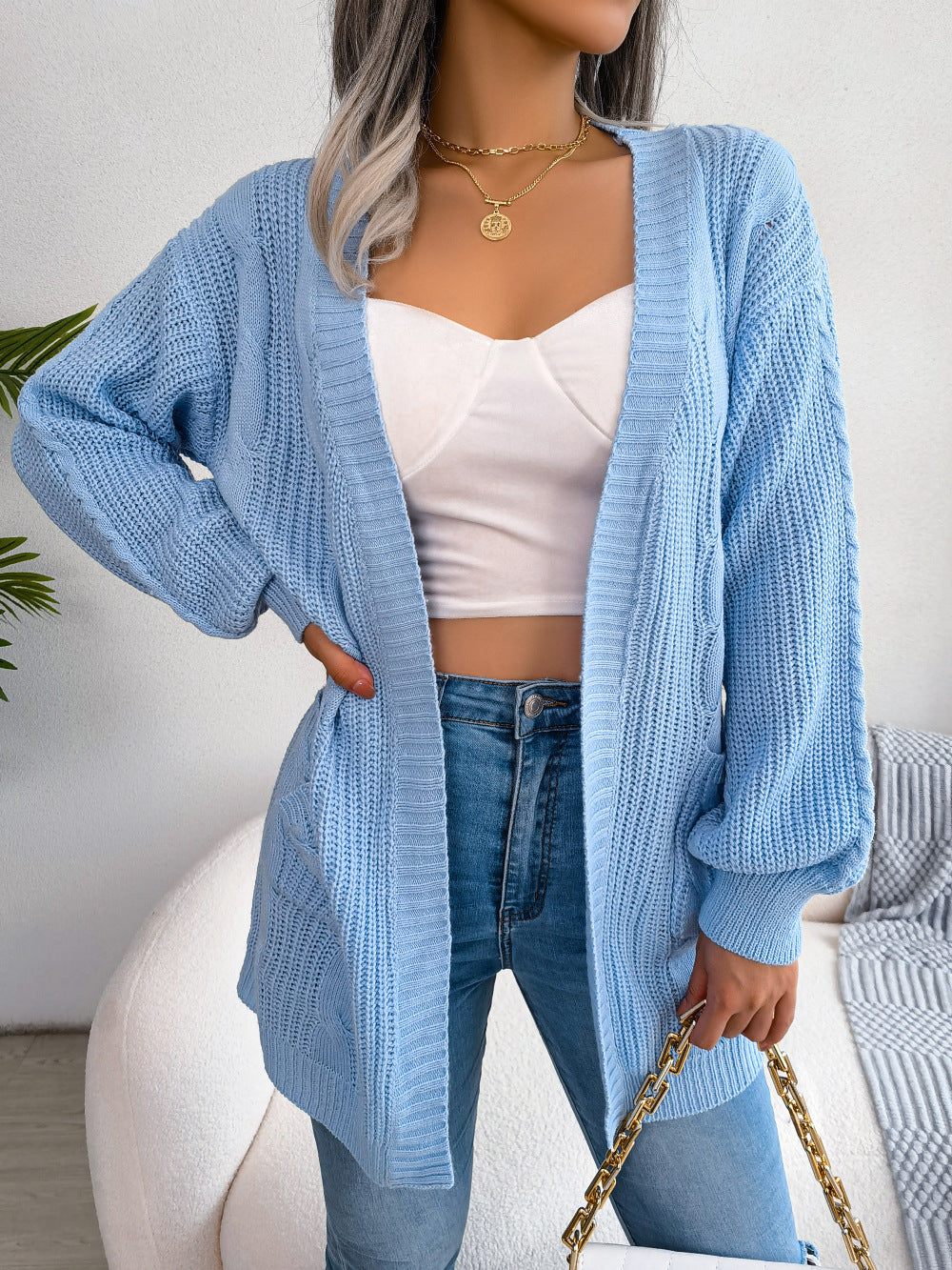 Cable-Knit Open Front Pocketed Cardigan  Coats & Jackets- Doll Fits