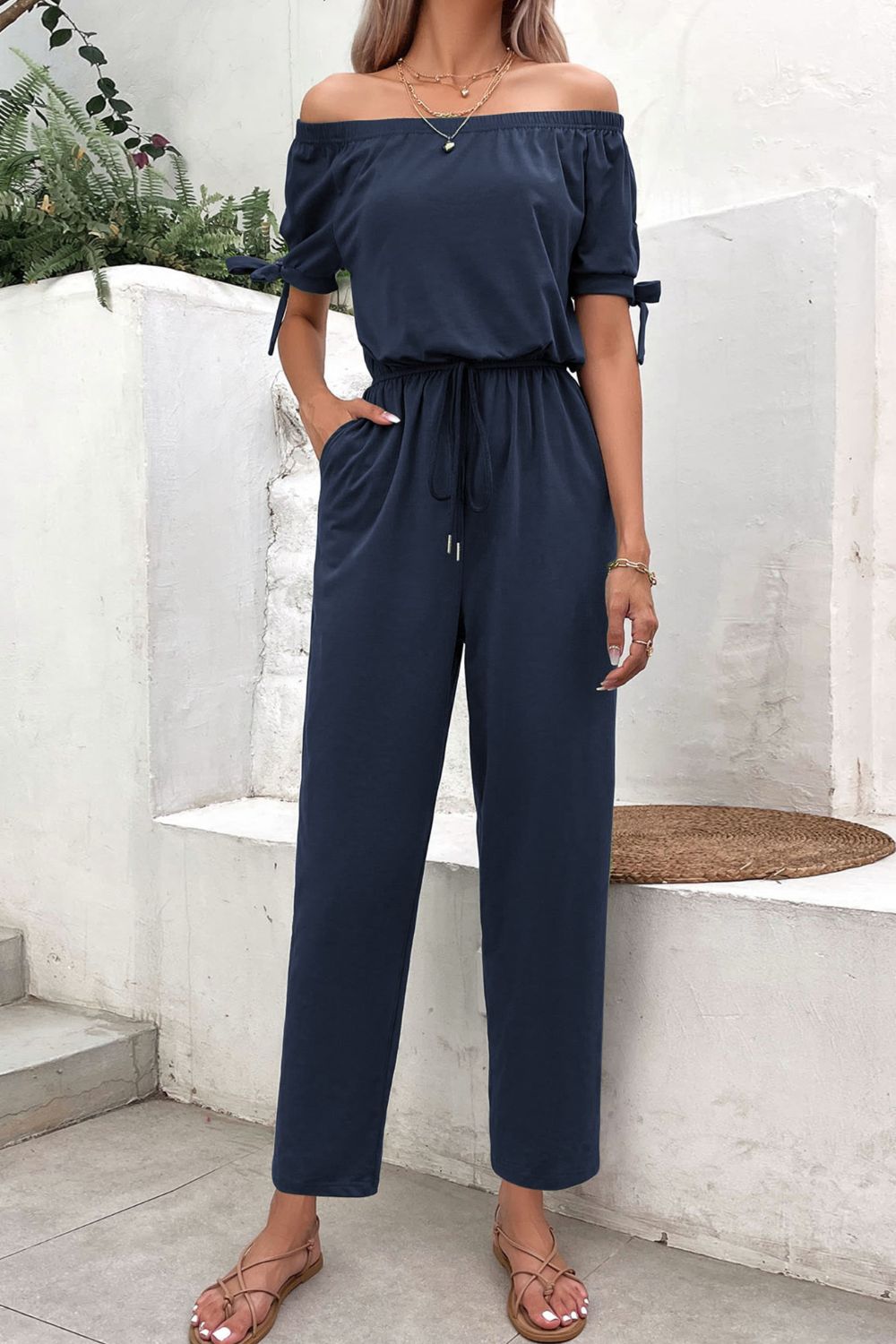 Off-Shoulder Tie Cuff Jumpsuit with Pockets  Jumpsuits & Rompers- Doll Fits