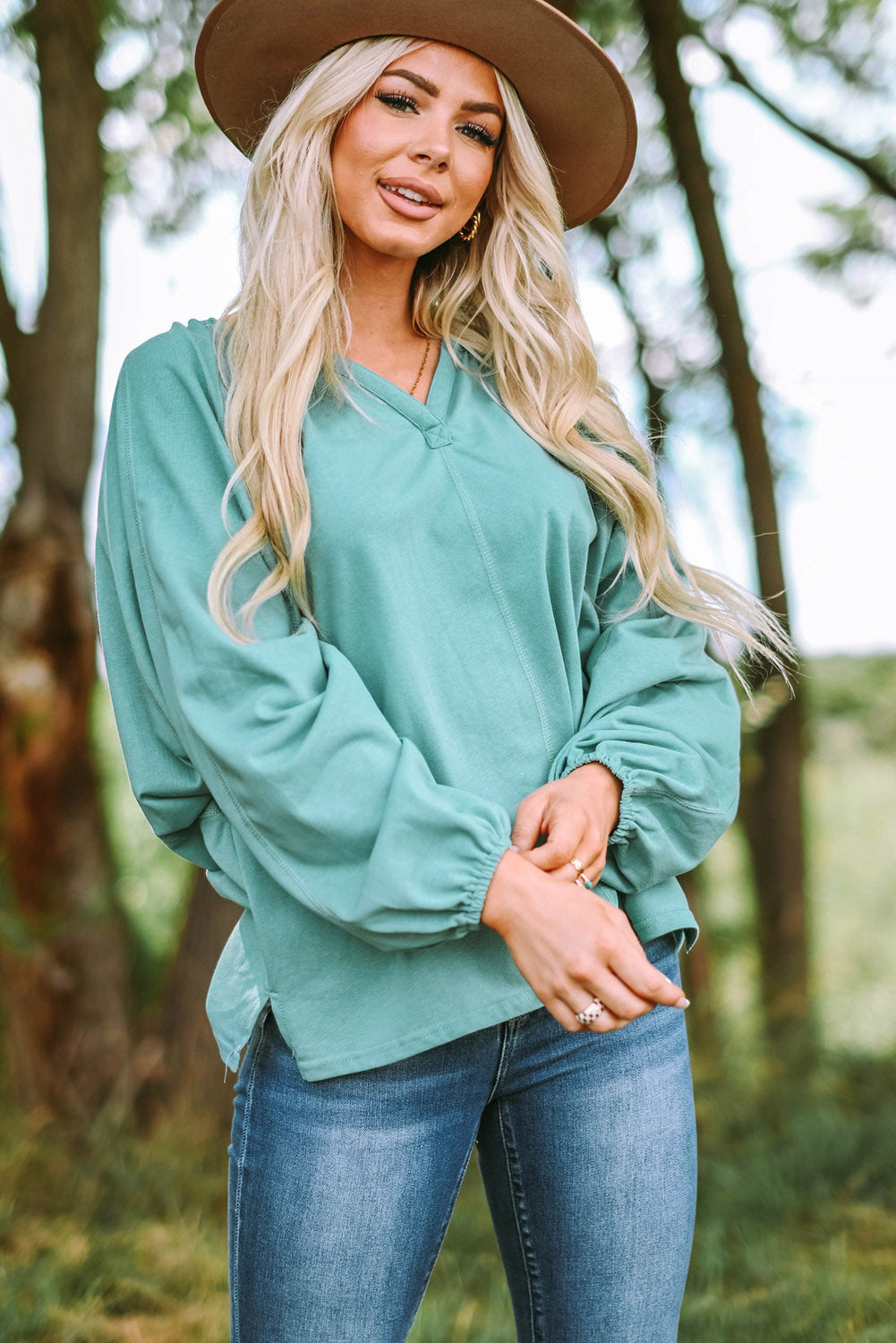 Notched Neck Balloon Sleeve Blouse  Shirts & Tops- Doll Fits