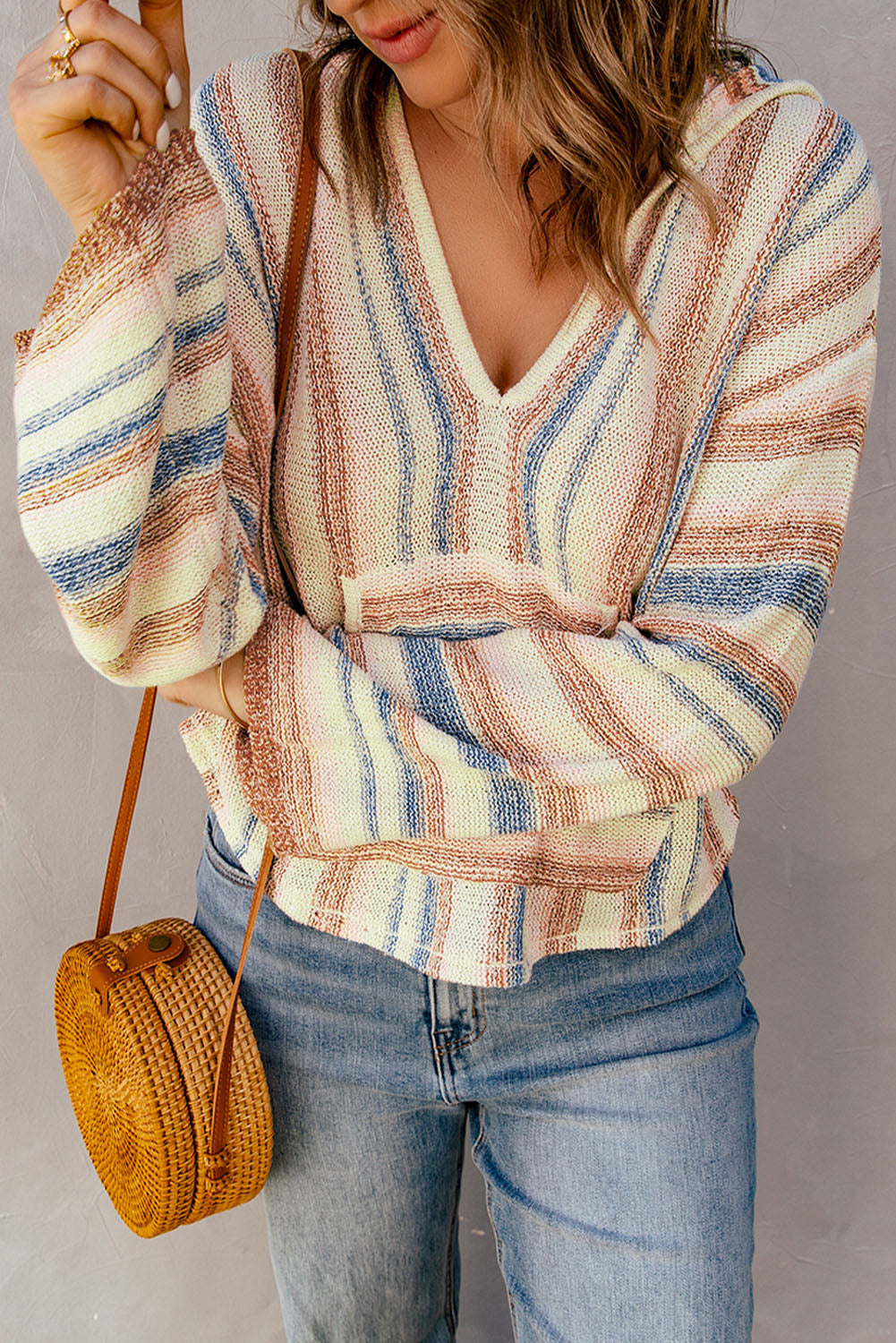 Striped Hooded Sweater with Kangaroo Pocket  Shirts & Tops- Doll Fits