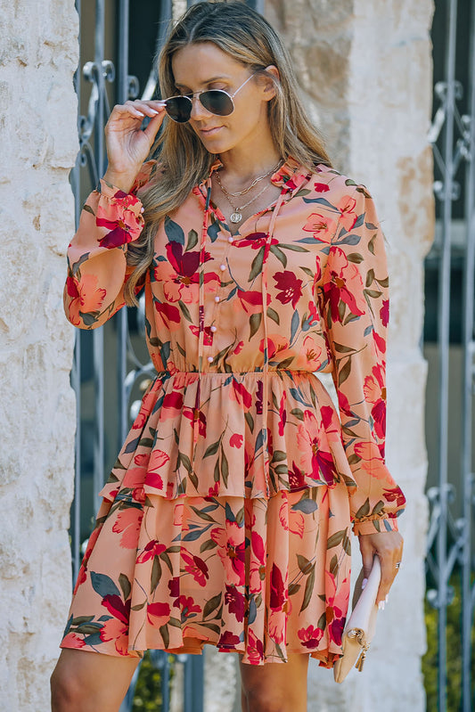 Floral Tie Neck Long Sleeve Layered Dress  Dresses- Doll Fits
