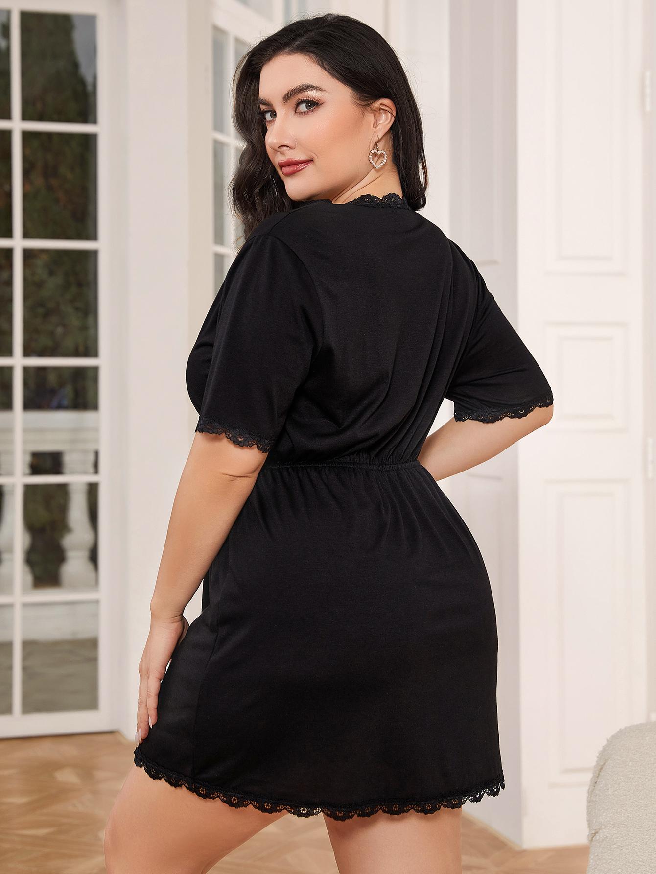 Plus Size Lace Trim Deep V Night Dress  Dresses- Doll Fits