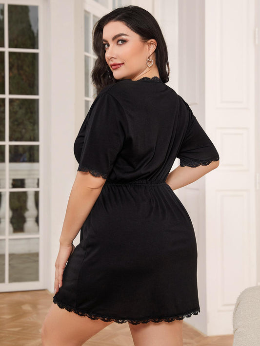 Plus Size Lace Trim Deep V Night Dress  Dresses- Doll Fits