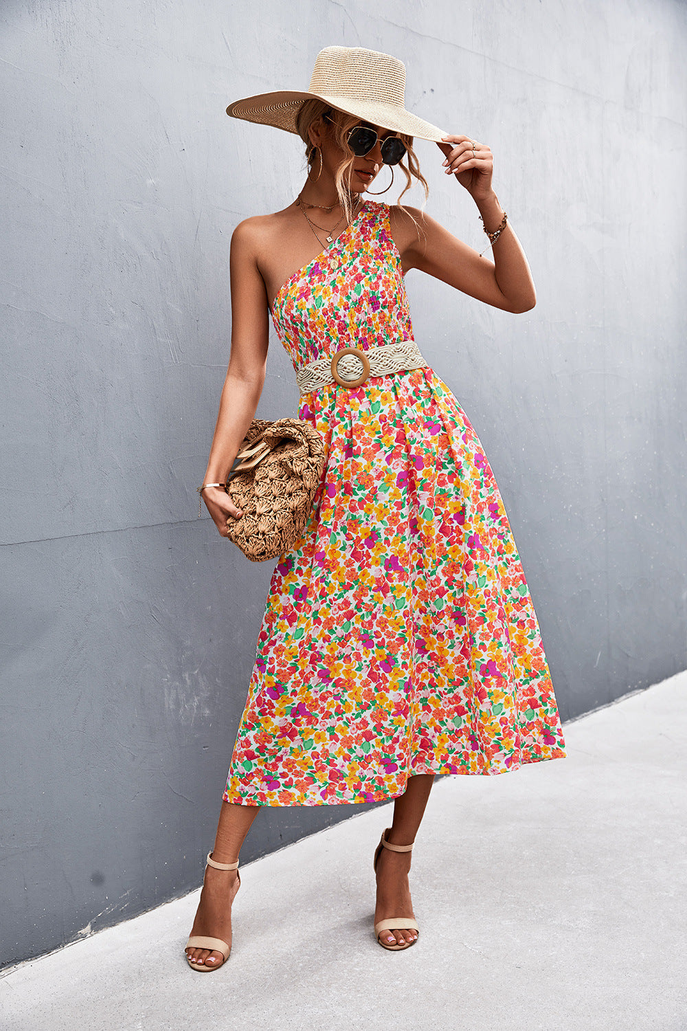 Floral Smocked One-Shoulder Midi Dress  Dresses- Doll Fits