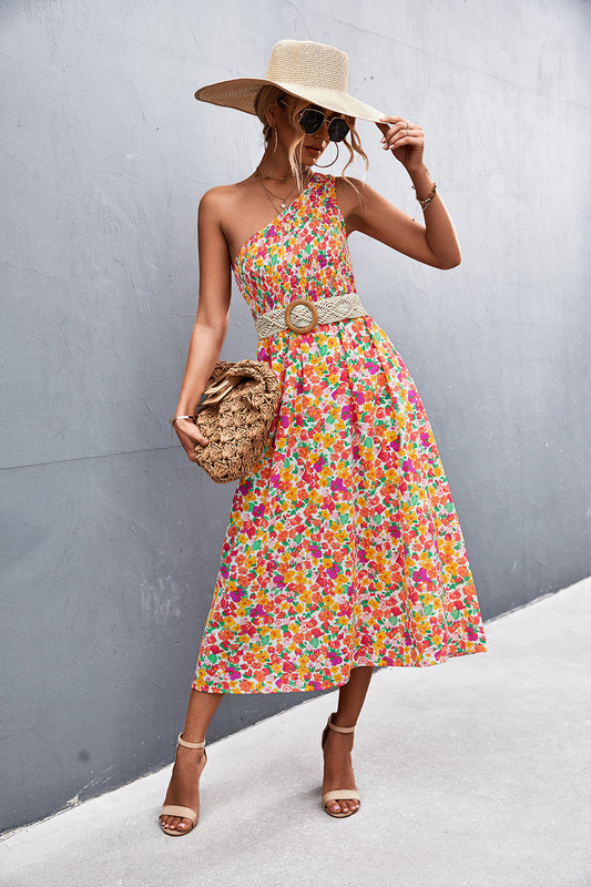 Floral Smocked One-Shoulder Midi Dress  Dresses- Doll Fits