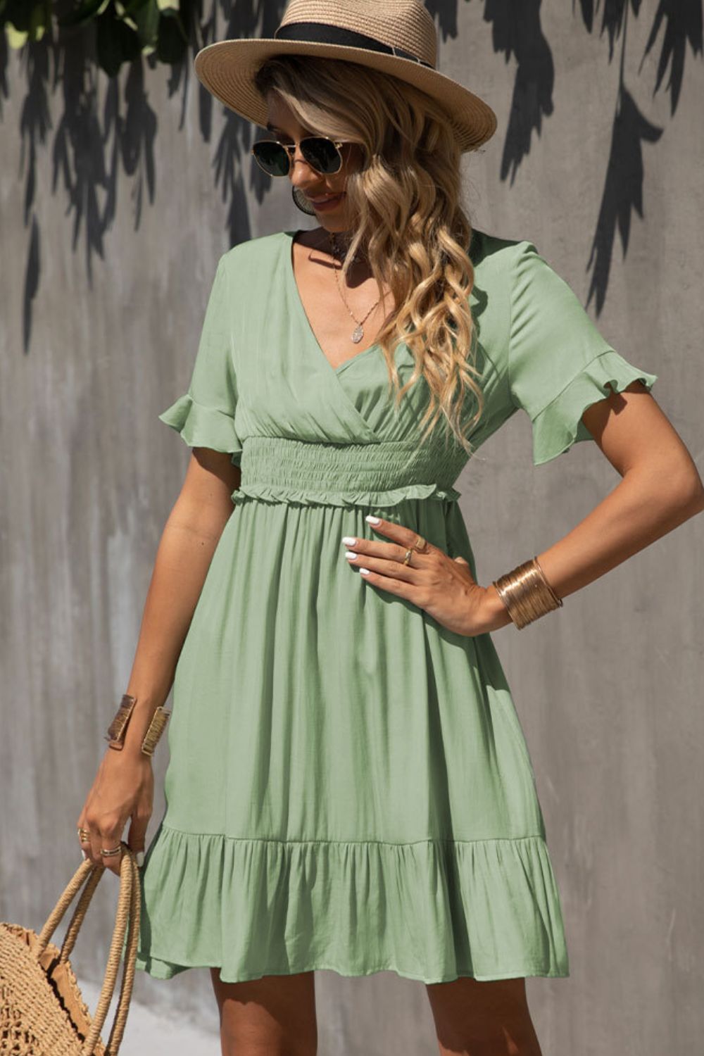 Smocked Waist Flounce Sleeve Ruffle Hem Dress  Dresses- Doll Fits