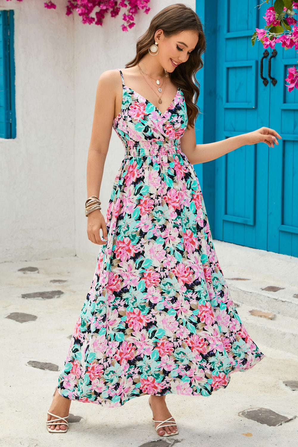 Floral Spaghetti Strap Surplice Neck Maxi Dress  Dresses- Doll Fits
