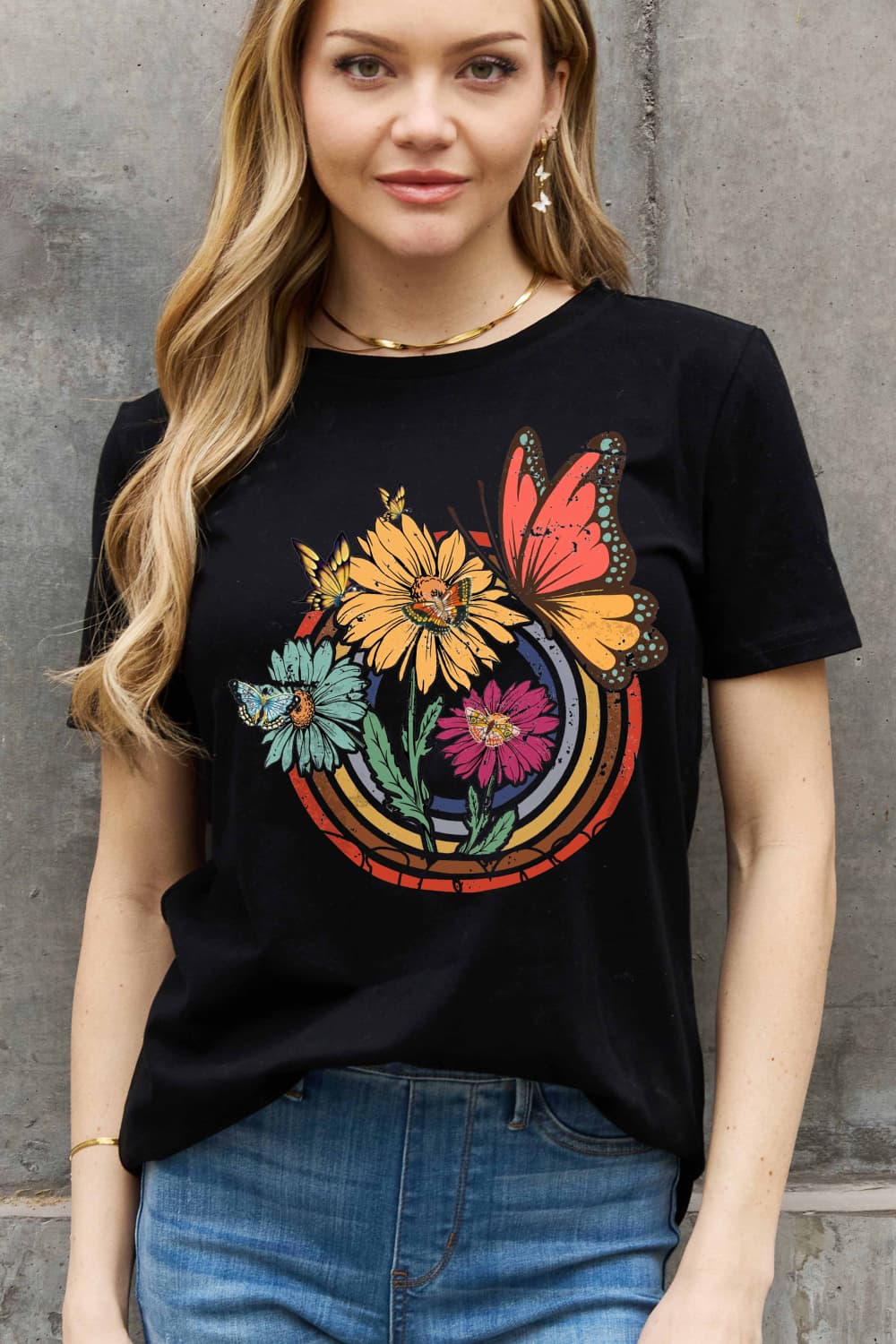 Simply Love Full Size Flower & Butterfly Graphic Cotton Tee  Shirts & Tops- Doll Fits