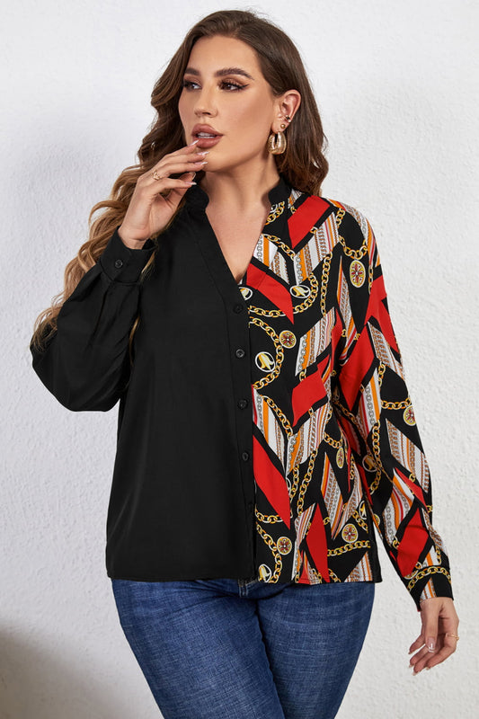 Melo Apparel Plus Size Contrast Color Notched Neck Shirt  - Doll Fits
