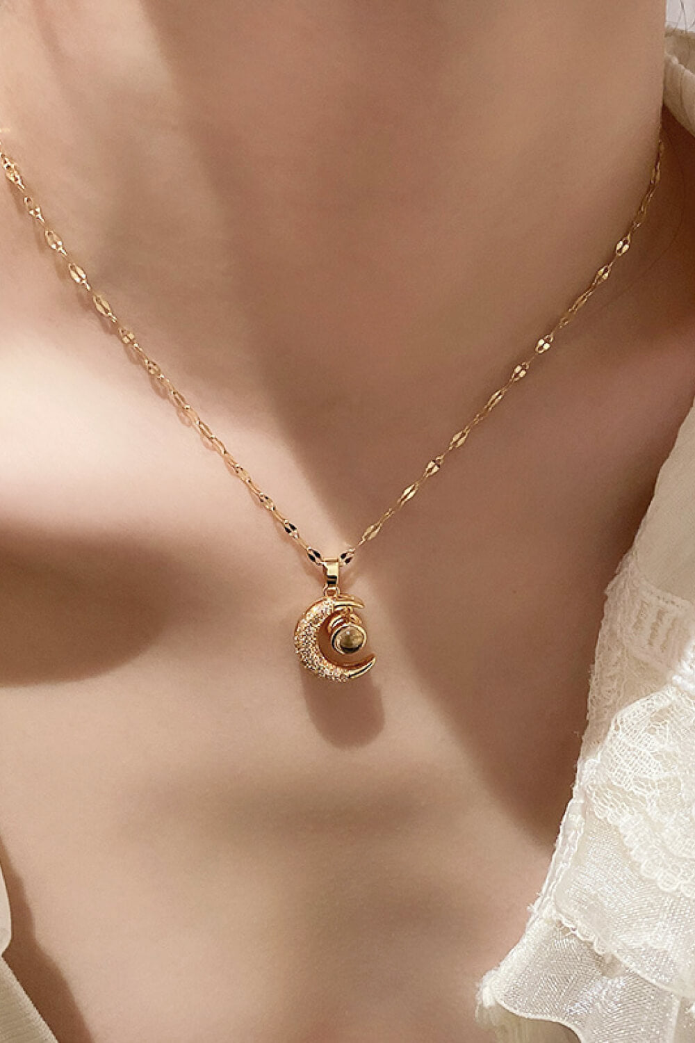 Inlaid Cubic Zirconia Moon Pendant Necklace  Necklaces- Doll Fits