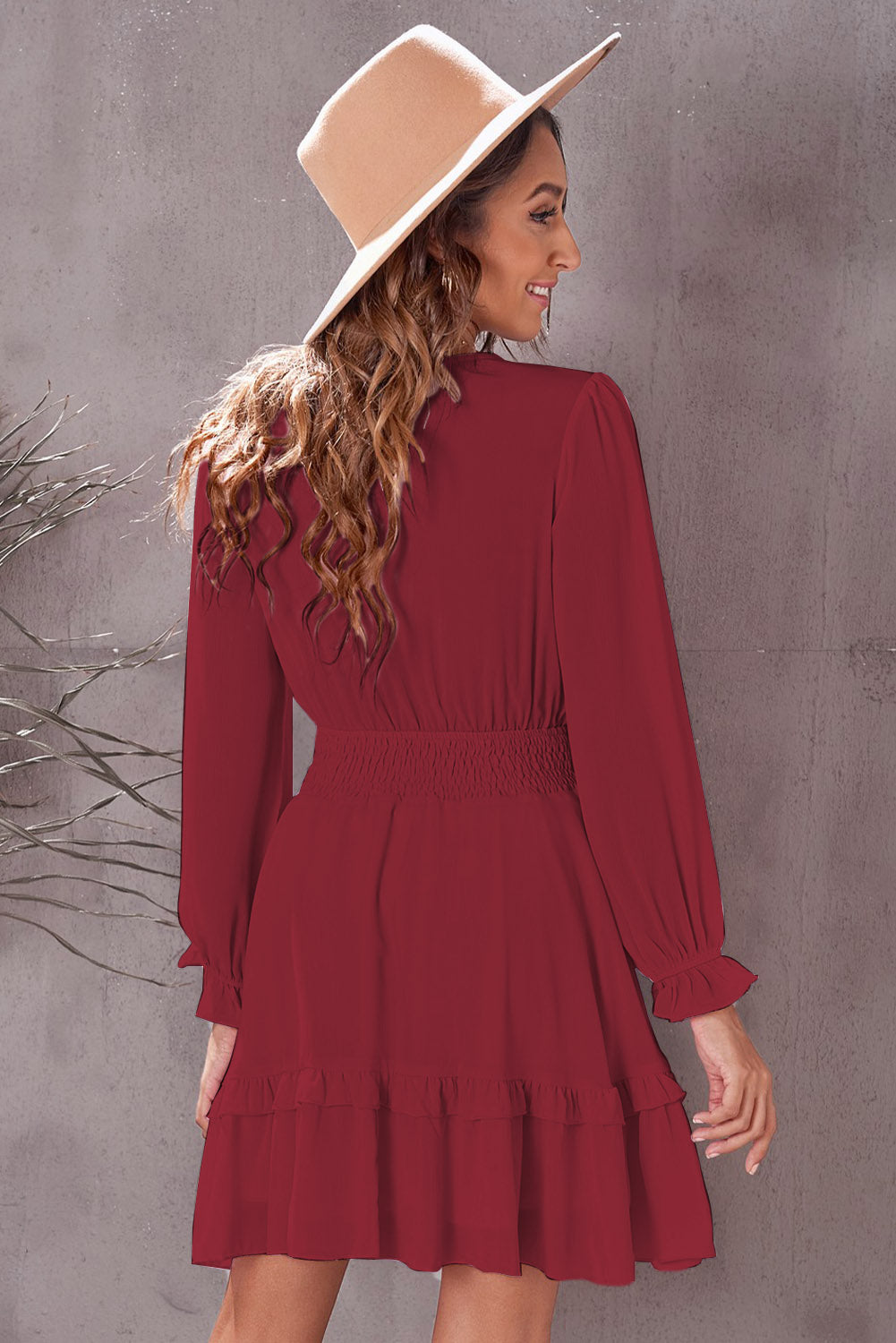 Tied Plunge Smocked Waist Flounce Sleeve Dress  Dresses- Doll Fits