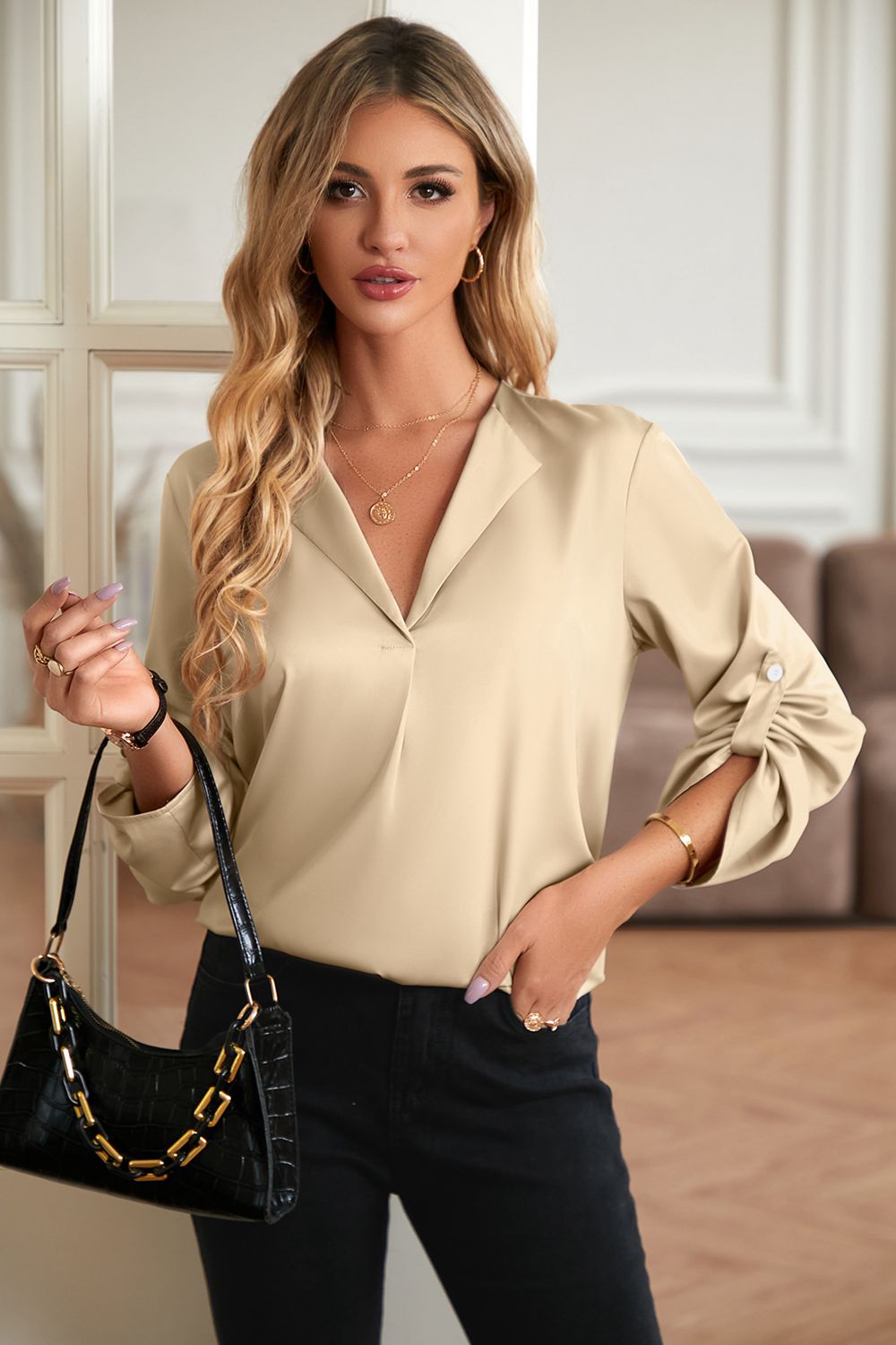 Roll-Tab Sleeve Collared Neck Blouse  - Doll Fits