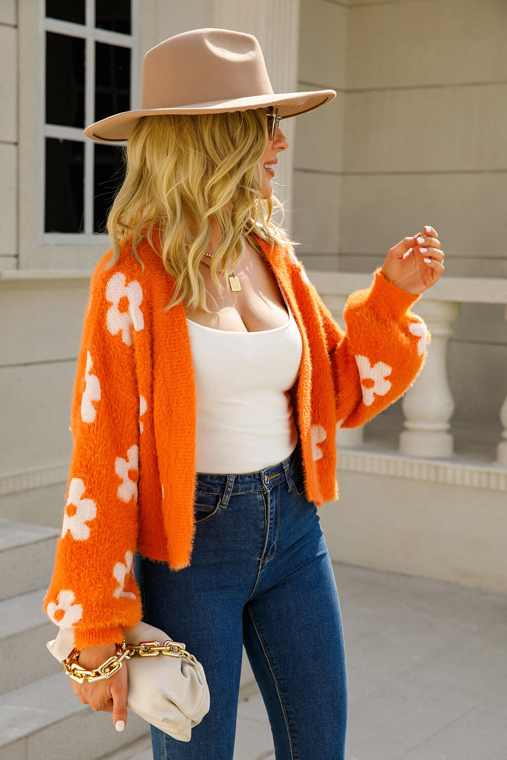 Floral Open Front Fuzzy Cardigan  Shirts & Tops- Doll Fits