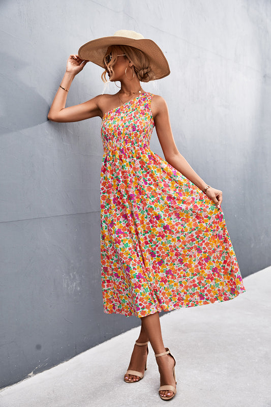Floral Smocked One-Shoulder Midi Dress  Dresses- Doll Fits