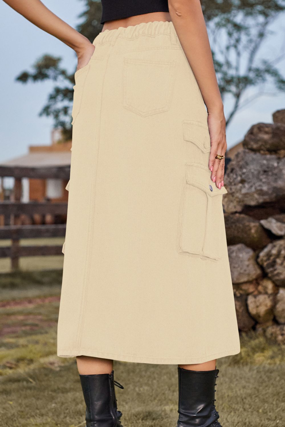 Slit Front Midi Denim Skirt with Pockets  Skirts- Doll Fits
