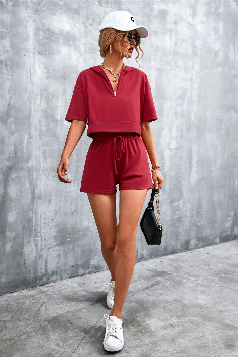 Half Zip Cropped Hooded T-Shirt and Shorts Set  Outfit Sets- Doll Fits