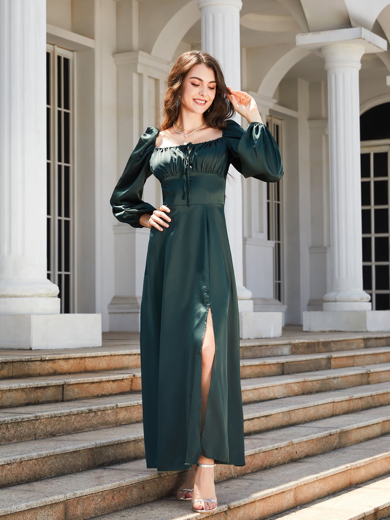 Square Neck Puff Sleeve High Slit Maxi Dress  Dresses- Doll Fits