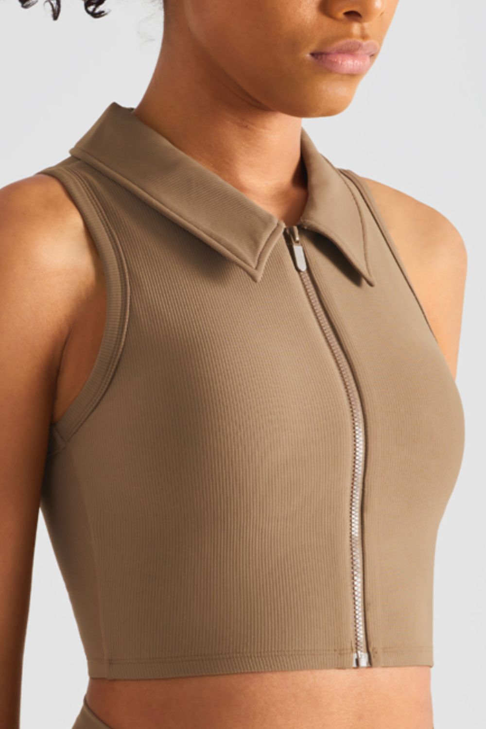 Zip Up Collared Cropped Sports Top  Activewear- Doll Fits