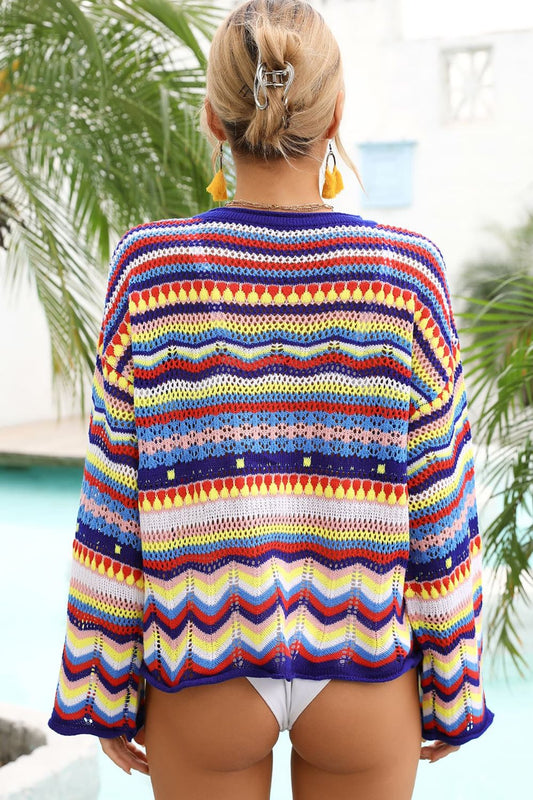 Multicolored Stripe Round Neck Cover-Up  Swimwear- Doll Fits