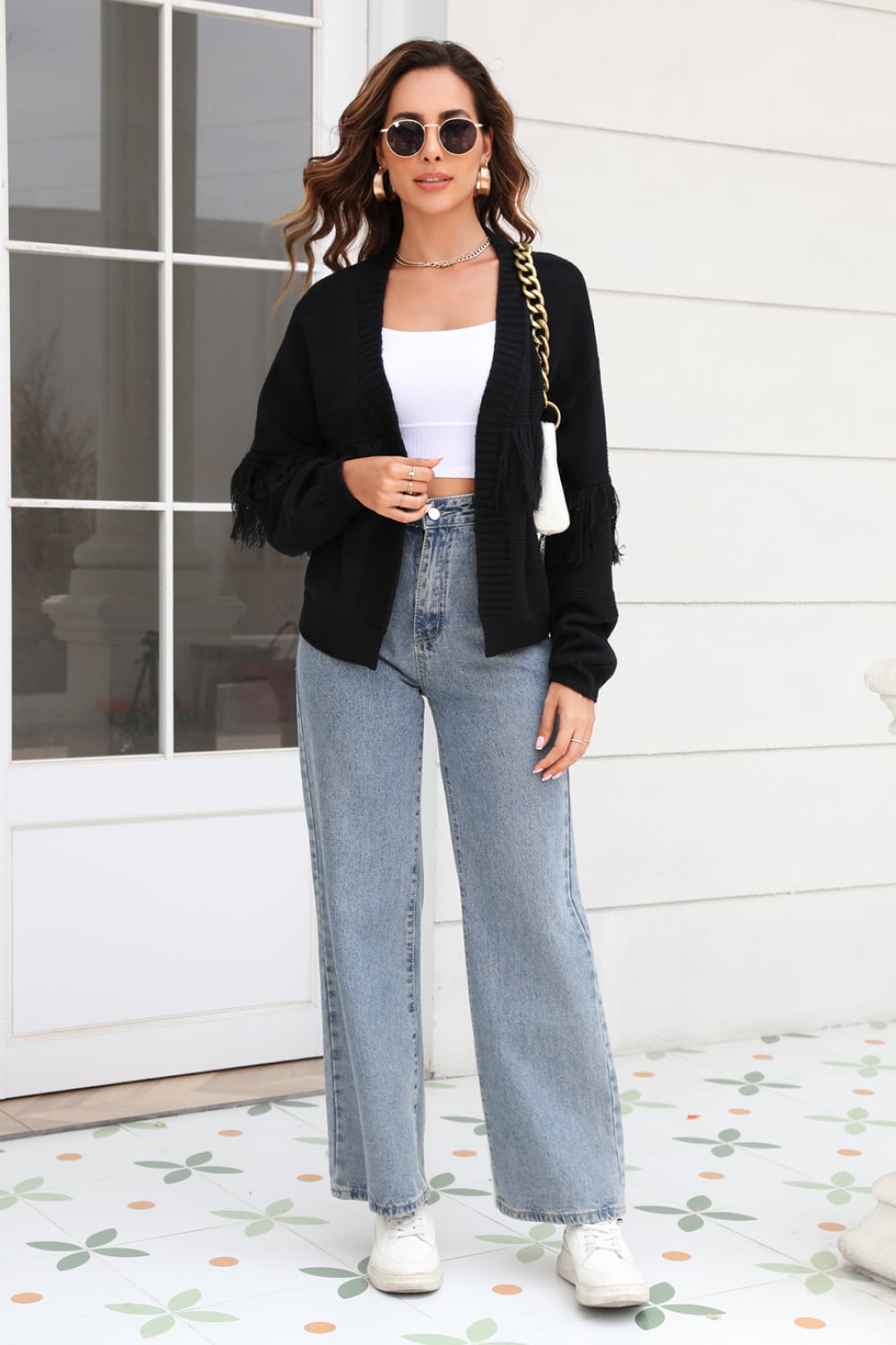 Double Take Fringe Trim Open Front Cardigan  - Doll Fits
