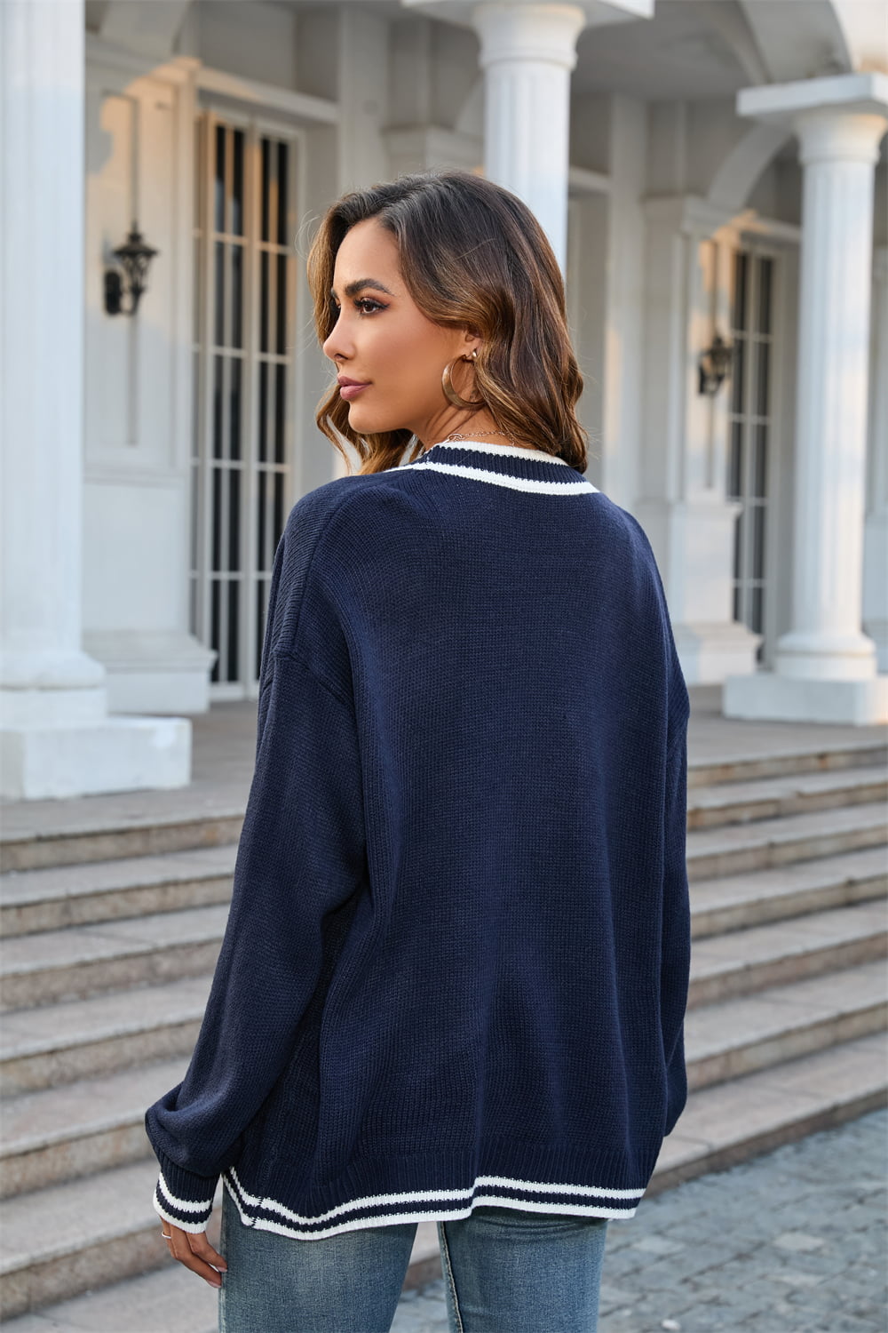 Buttoned V-Neck Long Sleeve Cardigan  - Doll Fits