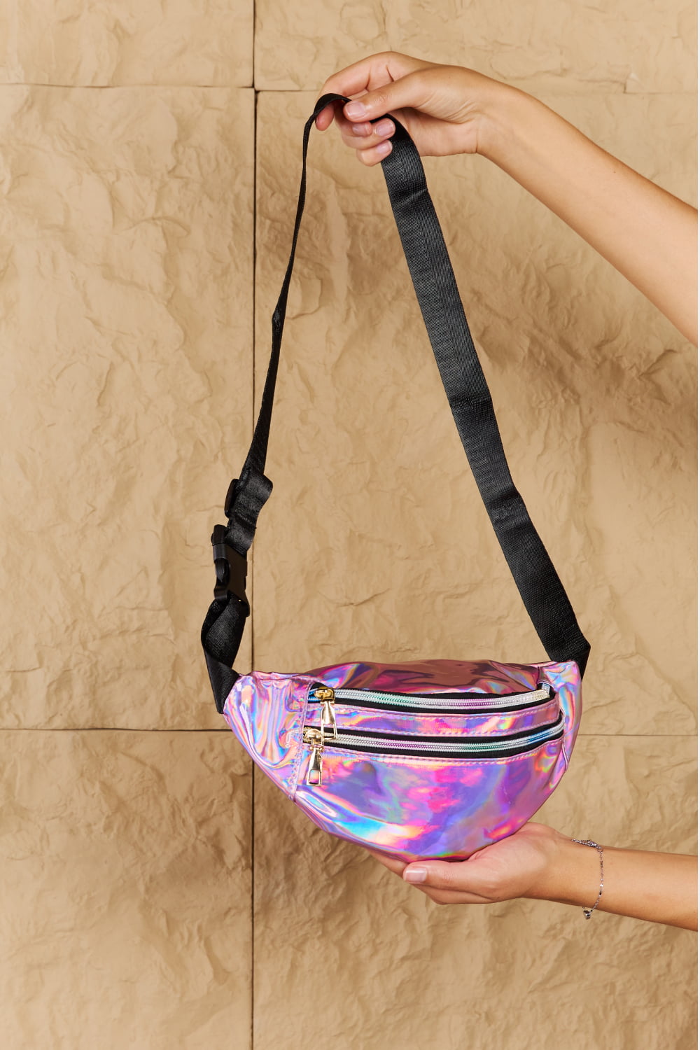 Fame Good Vibrations Holographic Double Zipper Fanny Pack in Hot Pink  - Doll Fits