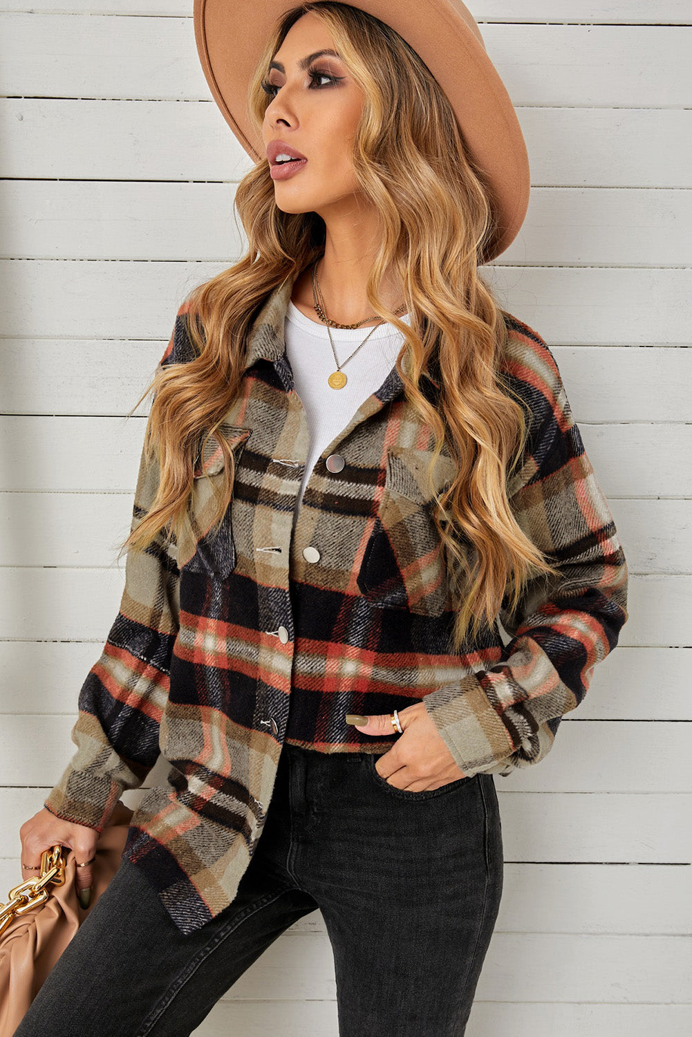 Plaid Pocketed Button Down Shacket  Shirts & Tops- Doll Fits