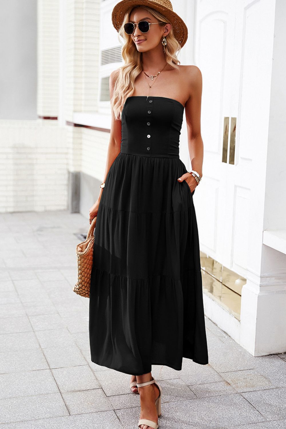 Strapless Buttoned Tiered Dress with Pockets  Dresses- Doll Fits