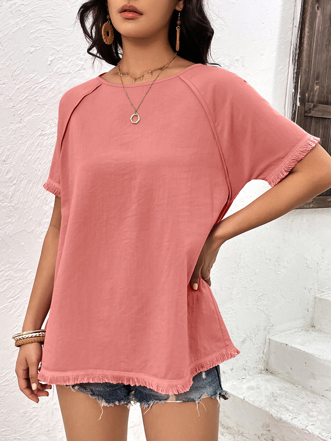 Round Neck Raglan Sleeve Fringe Detail Top  Shirts & Tops- Doll Fits