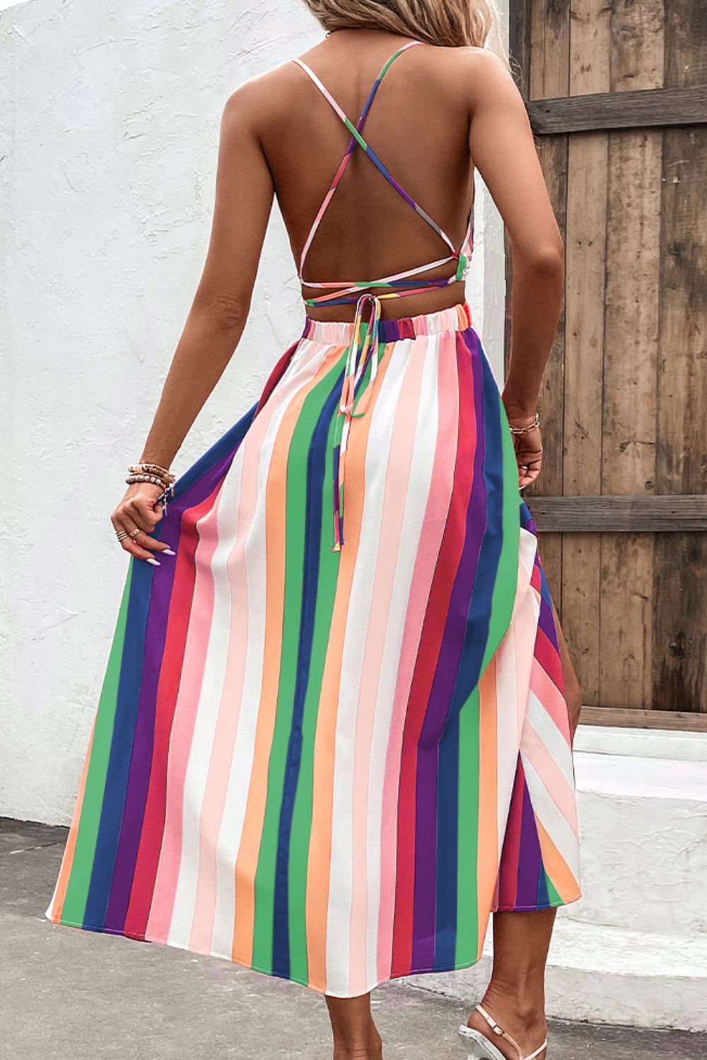Multicolored Stripe Crisscross Backless Dress  Dresses- Doll Fits