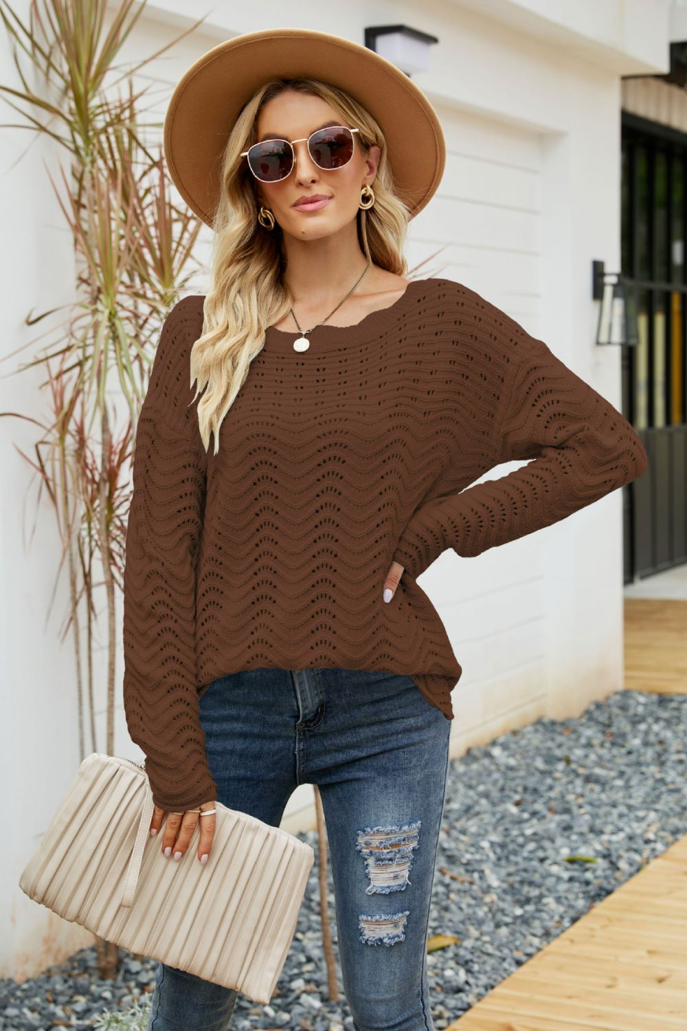 Scalloped Boat Neck Openwork Tunic Sweater  Shirts & Tops- Doll Fits