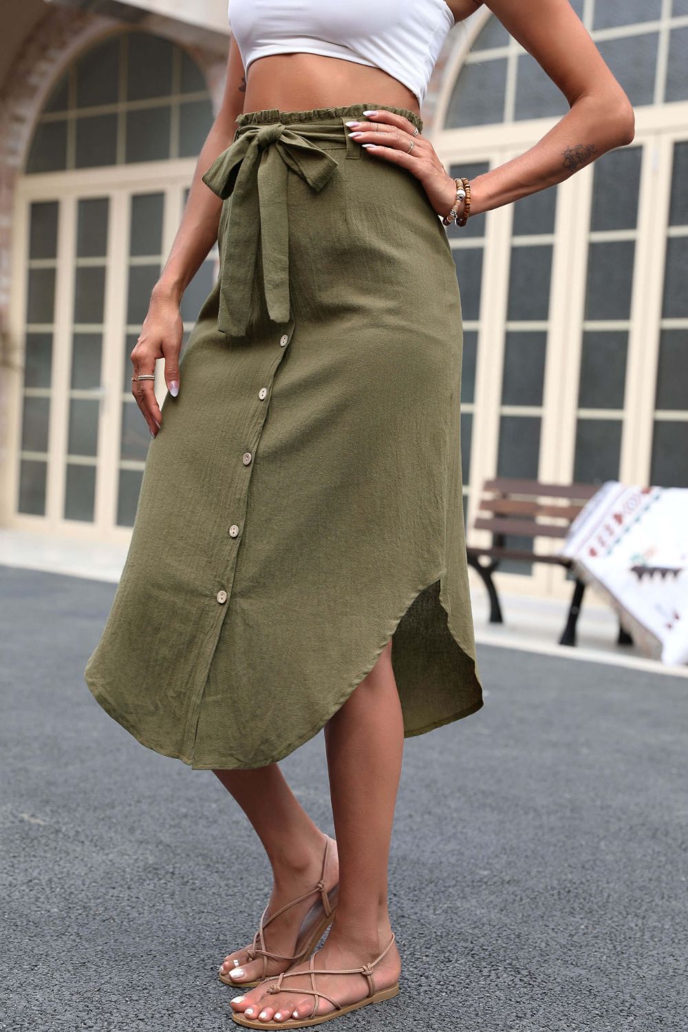 Tie Belt Frill Trim Buttoned Skirt  Skirts- Doll Fits