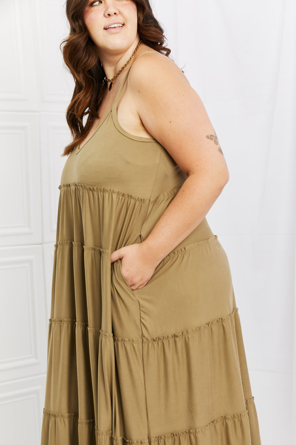 Zenana Full Size Spaghetti Strap Tiered Dress with Pockets in Khaki  Dresses- Doll Fits