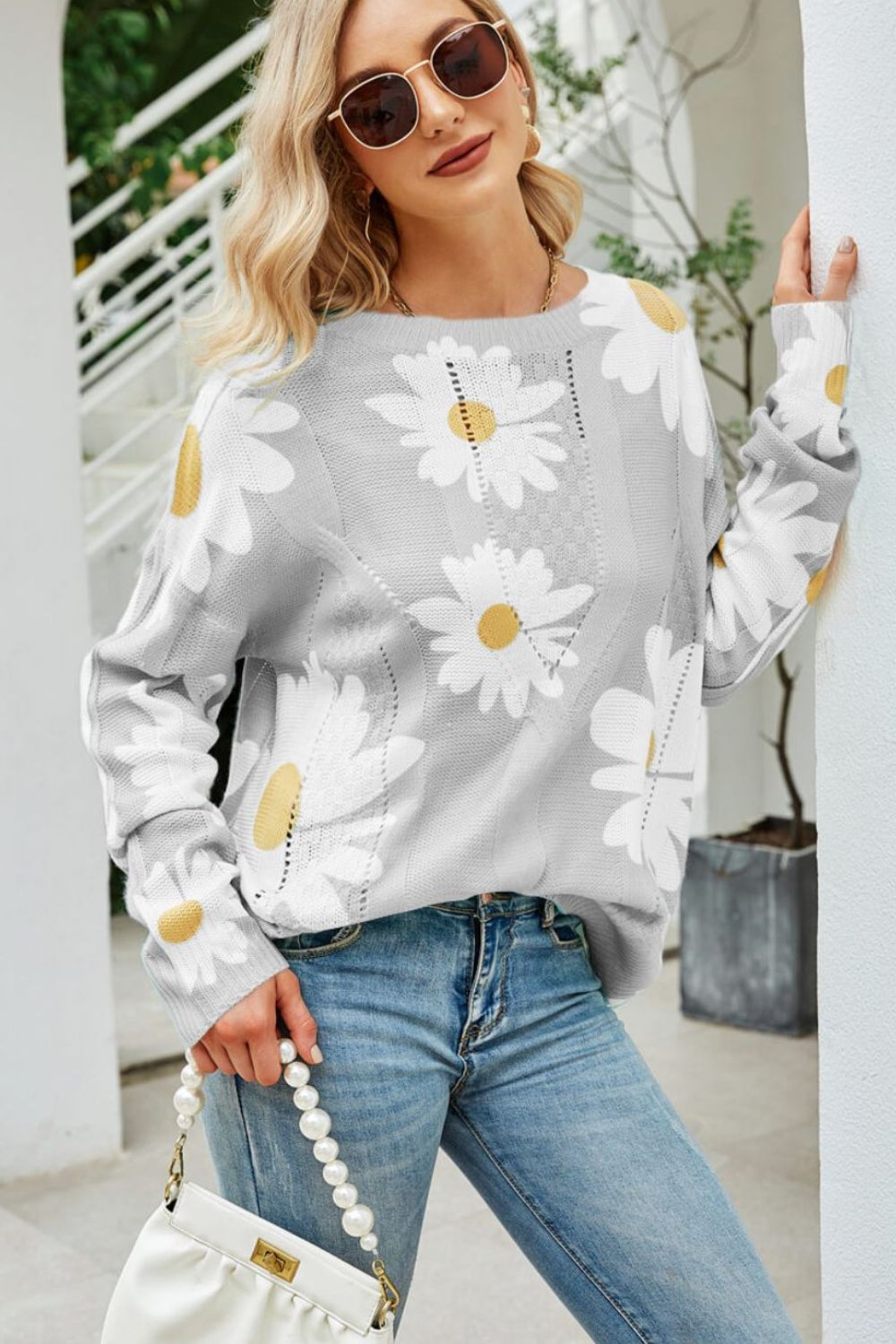 Daisy Print Openwork Round Neck Sweater  Shirts & Tops- Doll Fits