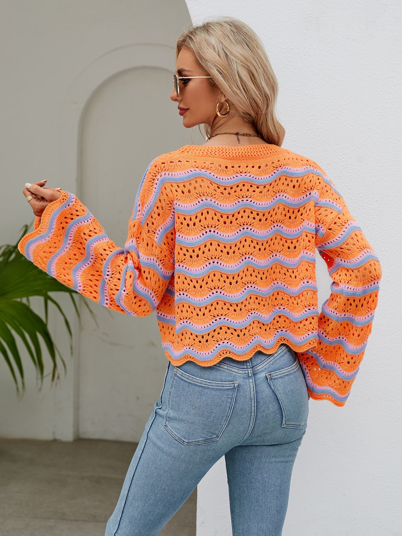 Round Neck Openwork Flare Sleeve Knit Top  - Doll Fits