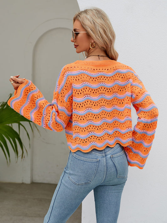 Round Neck Openwork Flare Sleeve Knit Top  - Doll Fits