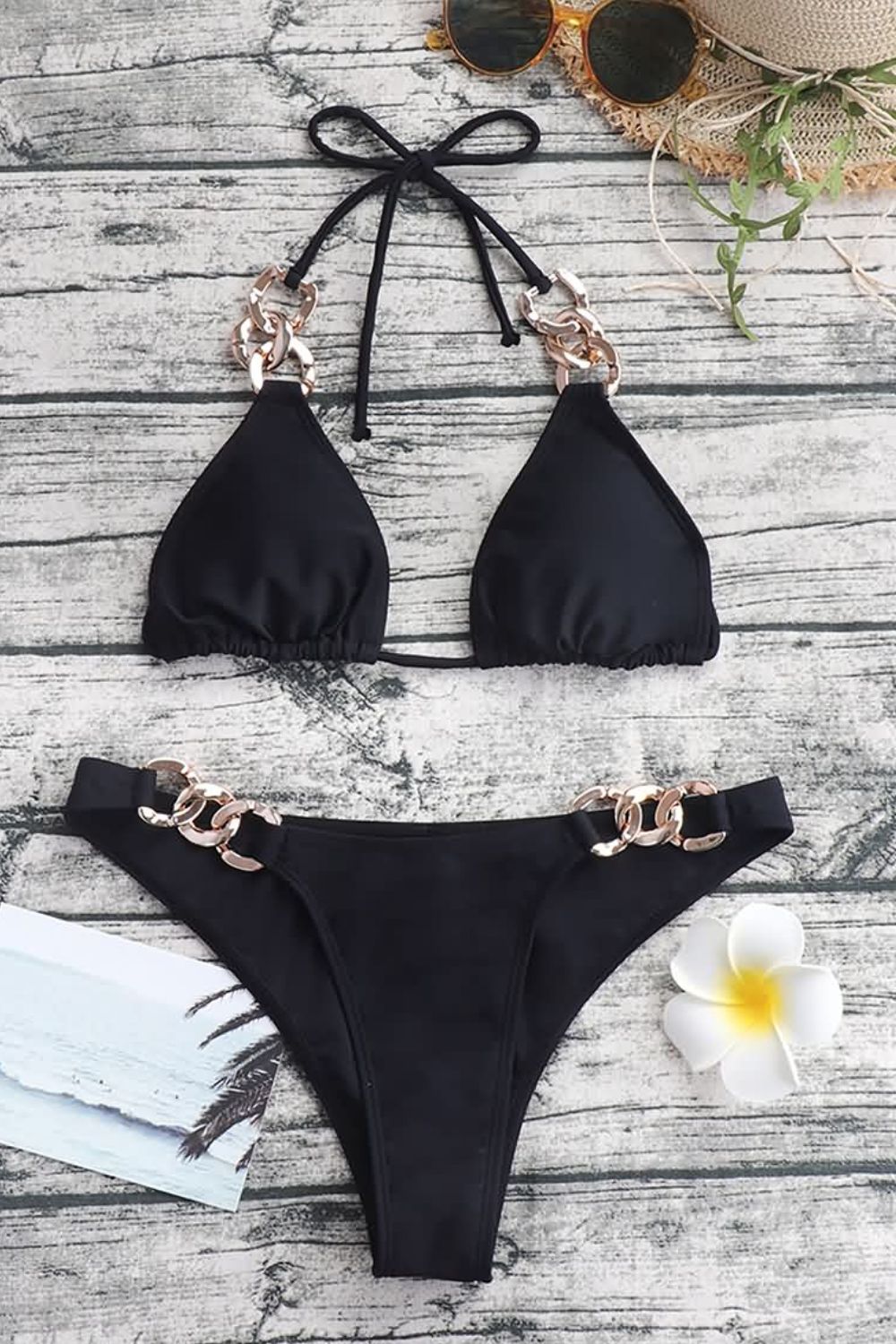 Chain Detail Tied Halter Neck Bikini Set  Swimwear- Doll Fits