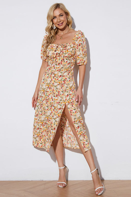 Floral Tied Square Neck Split Dress  Dresses- Doll Fits