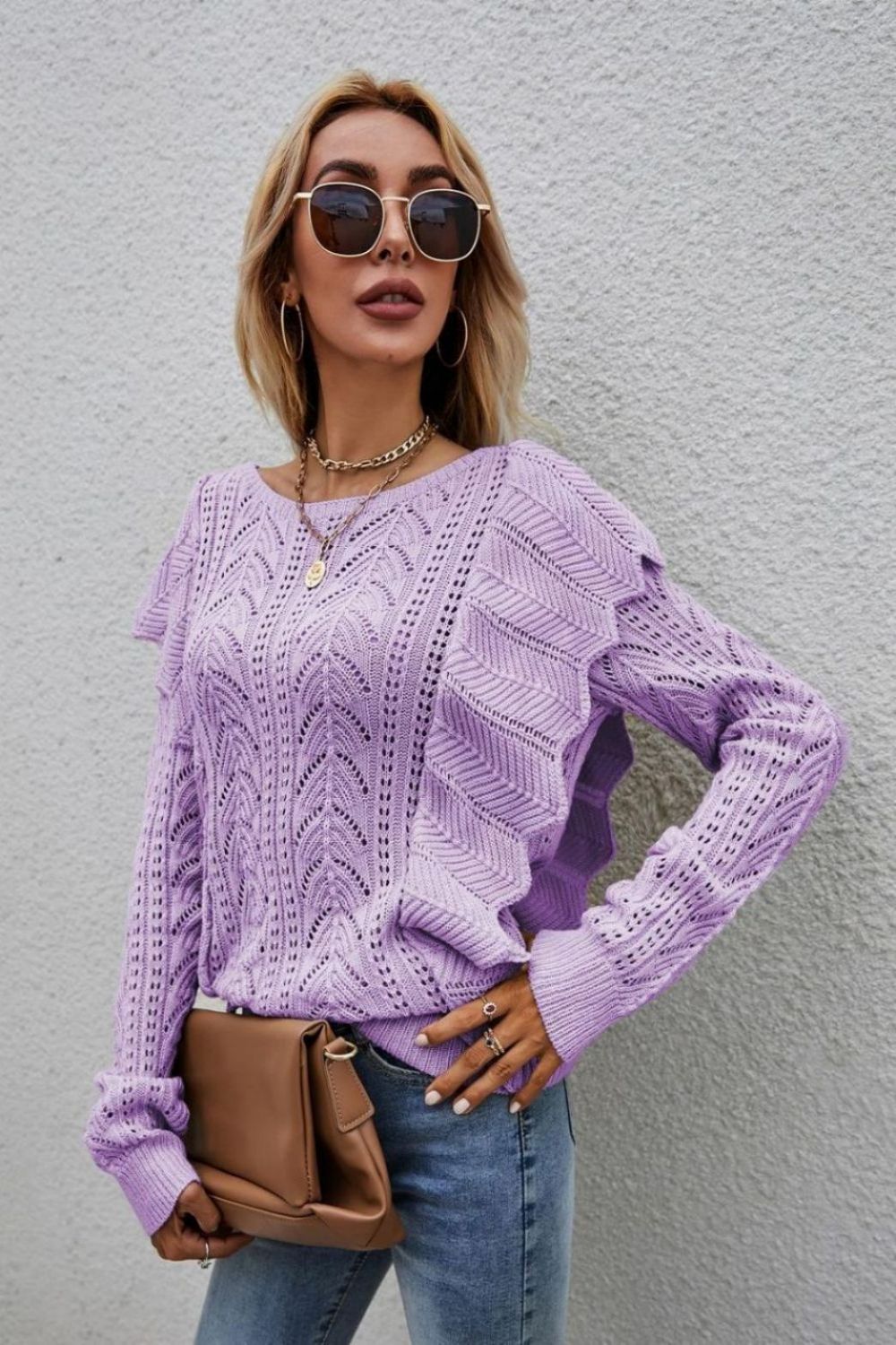 Openwork Round Neck Ruffled Sweater  Shirts & Tops- Doll Fits