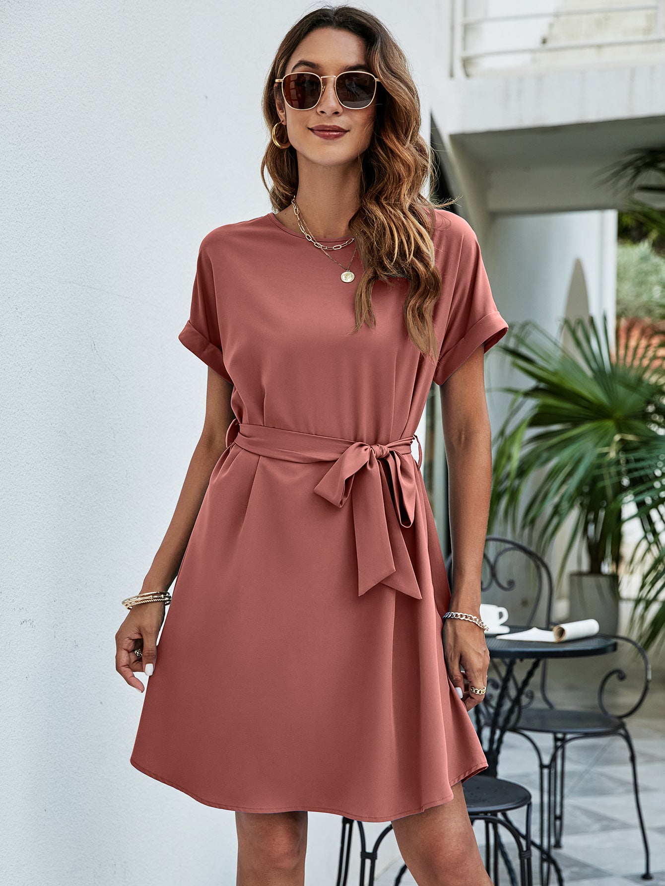 Belted Round Neck Curved Hem Dress  Dresses- Doll Fits