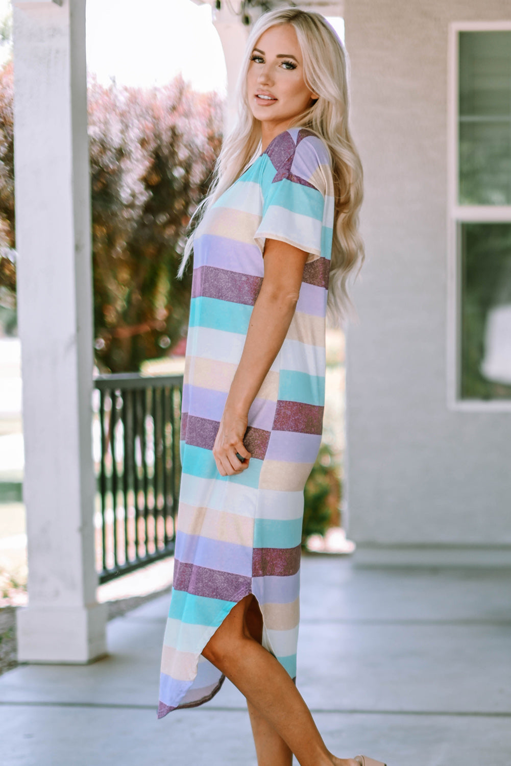 Striped V-Neck Curved Hem Midi Dress  Dresses- Doll Fits