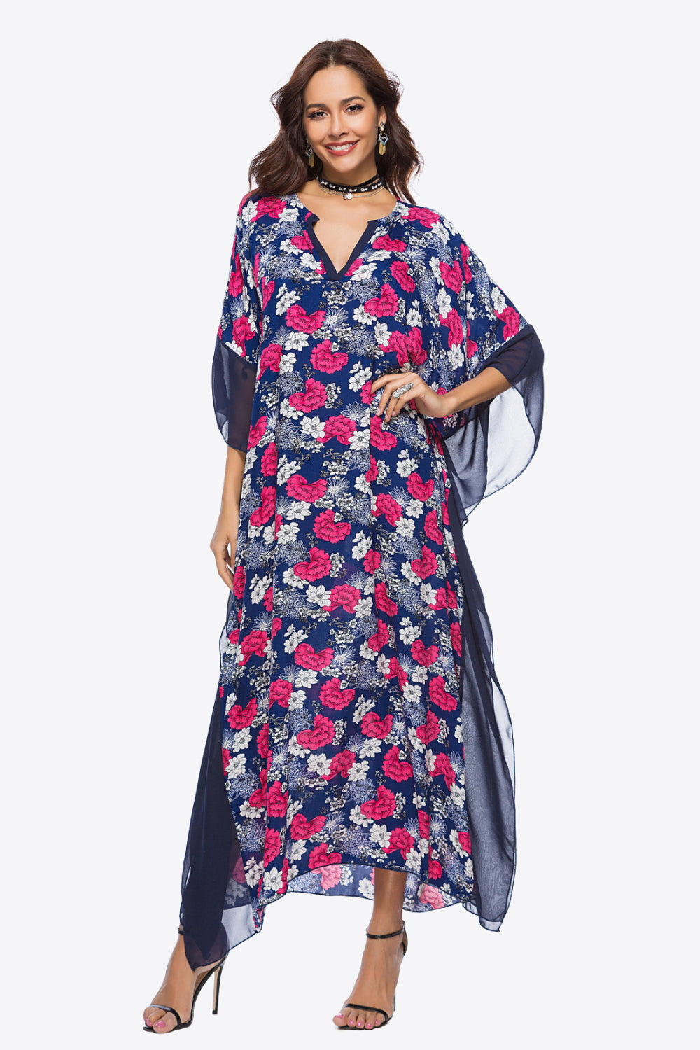 Floral Notched Neck Dolman Sleeve Maxi Dress  Dresses- Doll Fits