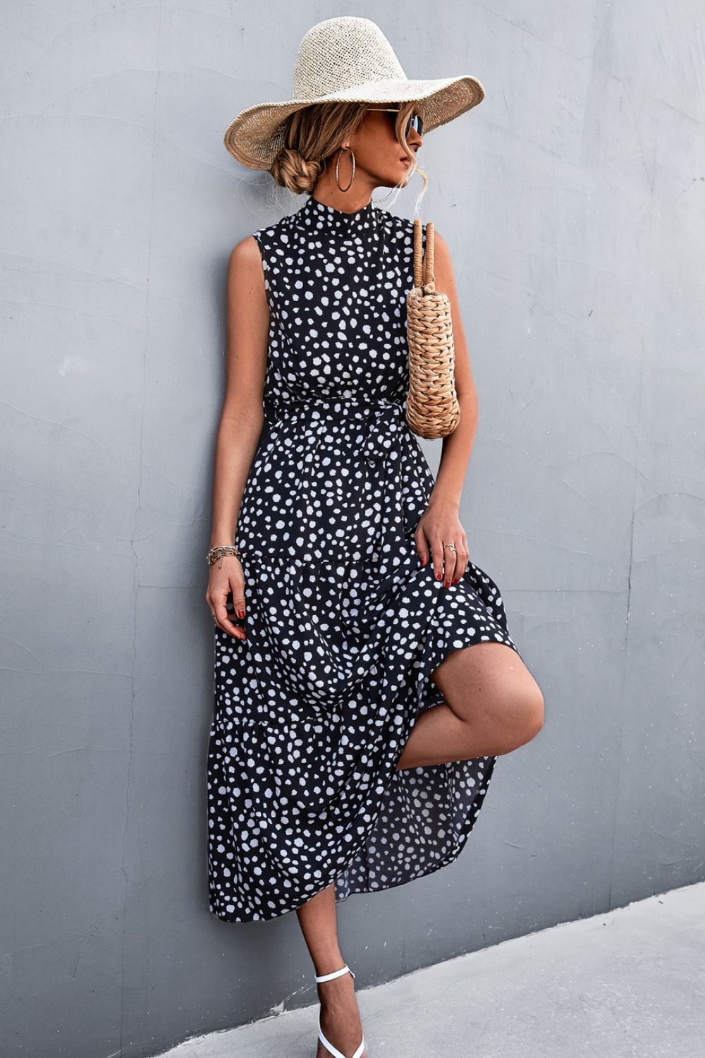 Printed Mock Neck Sleeveless Belted Tiered Dress  Dresses- Doll Fits