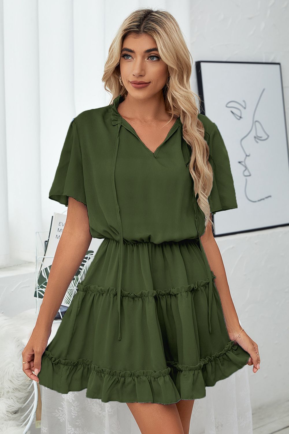Tie Neck Frill Trim Short Sleeve Mini Dress  Dresses- Doll Fits